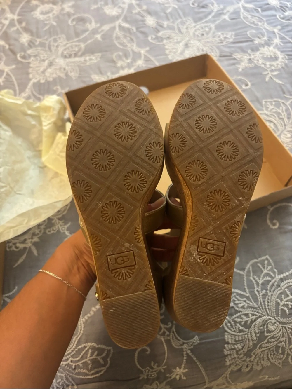 UGG Metallic Gold T-Strap Block Heel Sandals